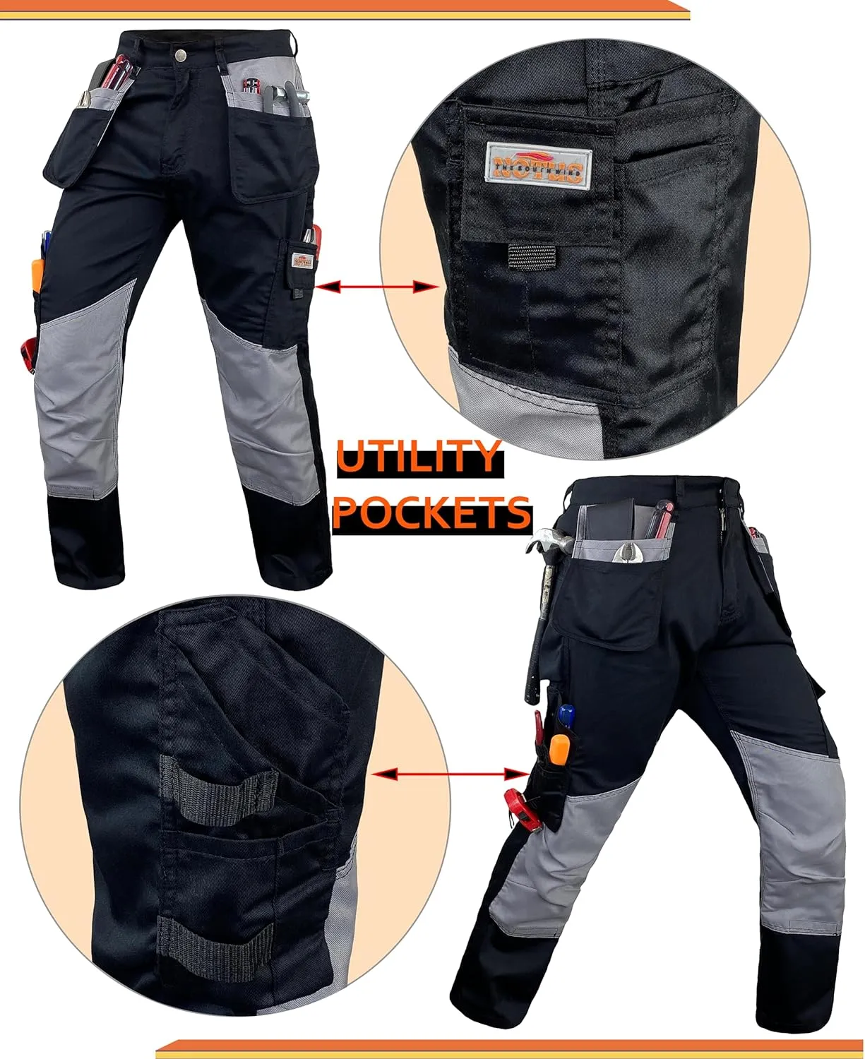 Notus Men’s Work Casual Tactical Cordura Knee Carpenter Construction Utility Cargo Work Trousers Pants
