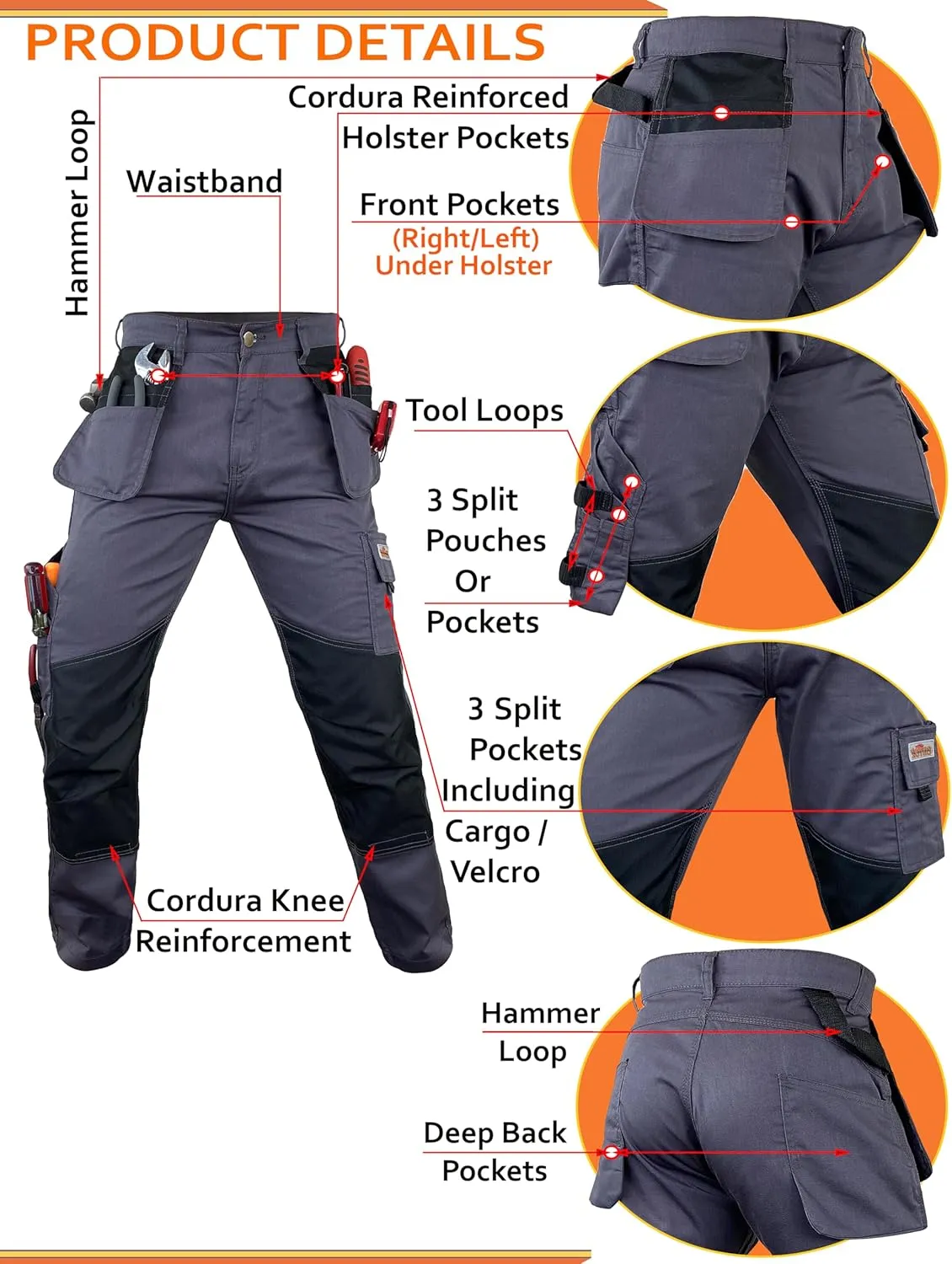 Notus Men’s Work Casual Tactical Cordura Knee Carpenter Construction Utility Cargo Work Trousers Pants