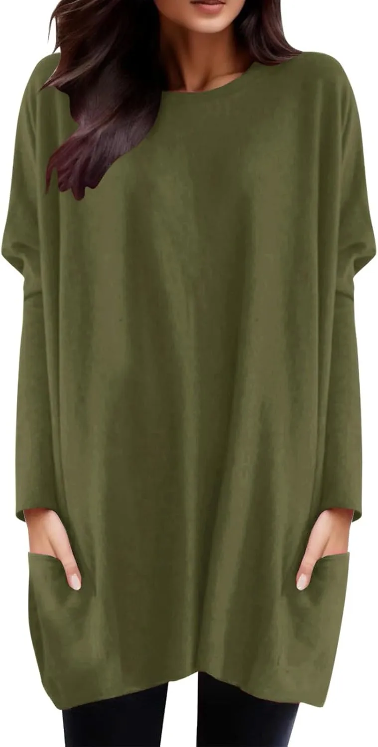 Plus Size T Shirts for Women Long Sleeve Round Neck Loose Fit Long T-Shirts with Two Side Pockets Spring Summer Tops