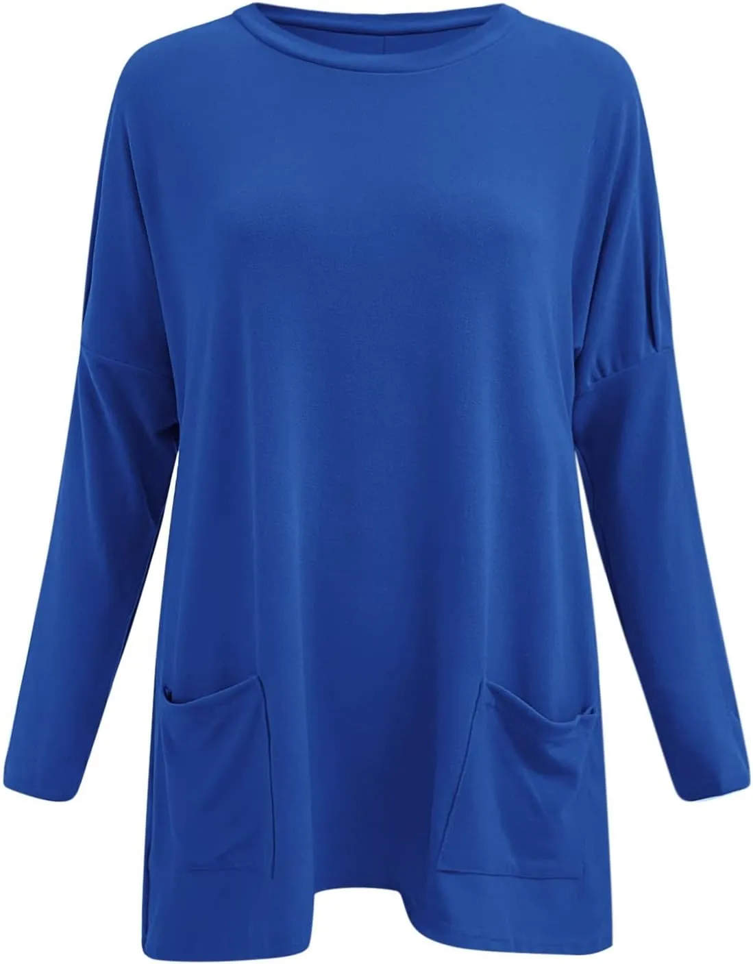 Plus Size T Shirts for Women Long Sleeve Round Neck Loose Fit Long T-Shirts with Two Side Pockets Spring Summer Tops