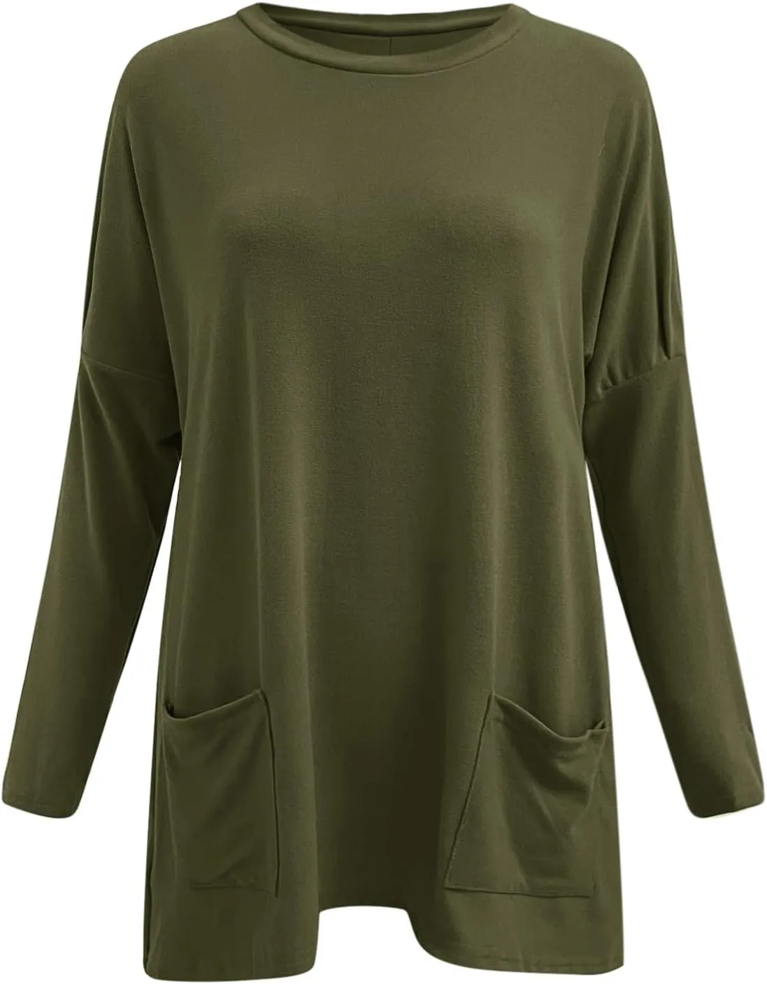 Plus Size T Shirts for Women Long Sleeve Round Neck Loose Fit Long T-Shirts with Two Side Pockets Spring Summer Tops