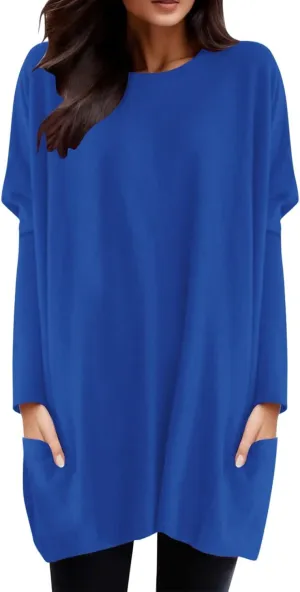 Plus Size T Shirts for Women Long Sleeve Round Neck Loose Fit Long T-Shirts with Two Side Pockets Spring Summer Tops