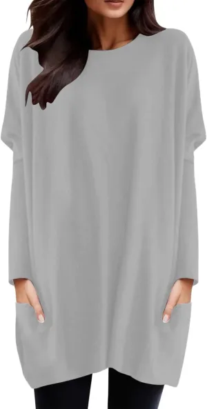 Plus Size T Shirts for Women Long Sleeve Round Neck Loose Fit Long T-Shirts with Two Side Pockets Spring Summer Tops