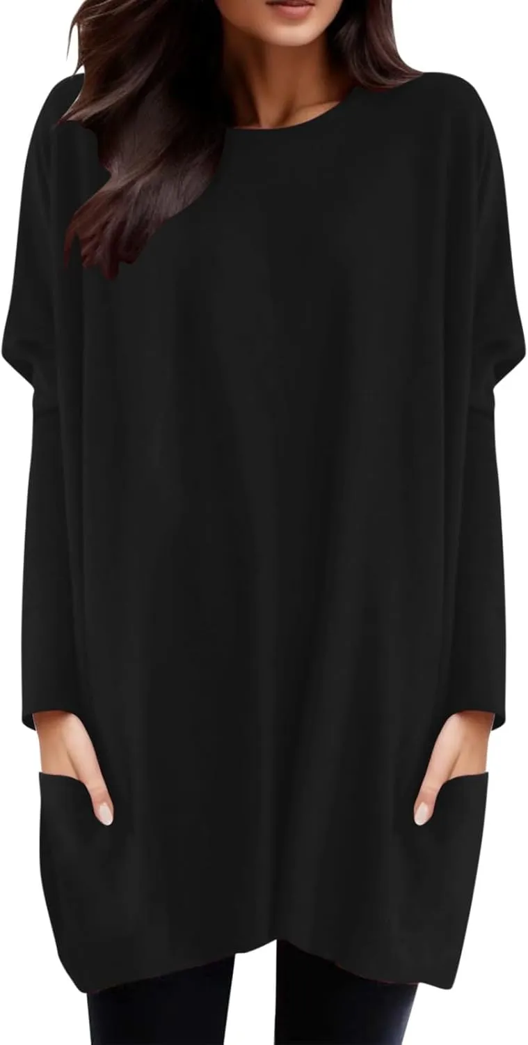 Plus Size T Shirts for Women Long Sleeve Round Neck Loose Fit Long T-Shirts with Two Side Pockets Spring Summer Tops
