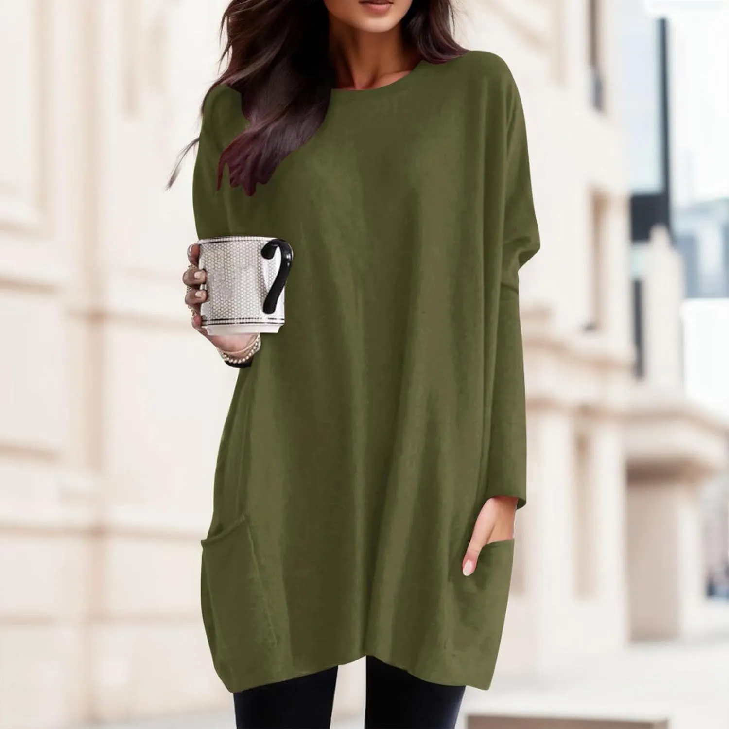 Plus Size T Shirts for Women Long Sleeve Round Neck Loose Fit Long T-Shirts with Two Side Pockets Spring Summer Tops