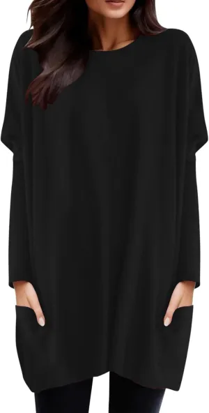 Plus Size T Shirts for Women Long Sleeve Round Neck Loose Fit Long T-Shirts with Two Side Pockets Spring Summer Tops