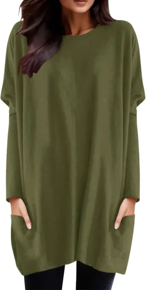Plus Size T Shirts for Women Long Sleeve Round Neck Loose Fit Long T-Shirts with Two Side Pockets Spring Summer Tops