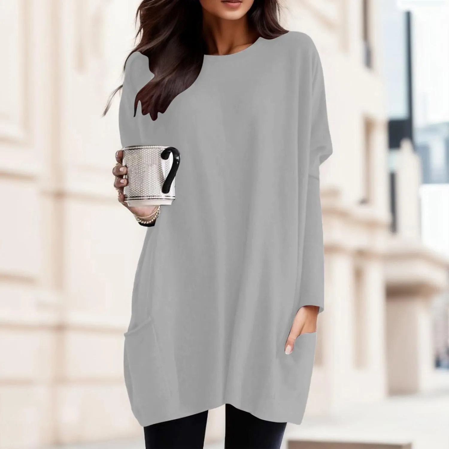 Plus Size T Shirts for Women Long Sleeve Round Neck Loose Fit Long T-Shirts with Two Side Pockets Spring Summer Tops