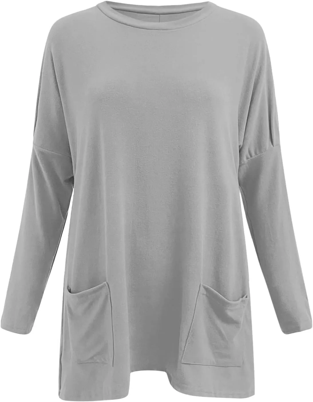 Plus Size T Shirts for Women Long Sleeve Round Neck Loose Fit Long T-Shirts with Two Side Pockets Spring Summer Tops