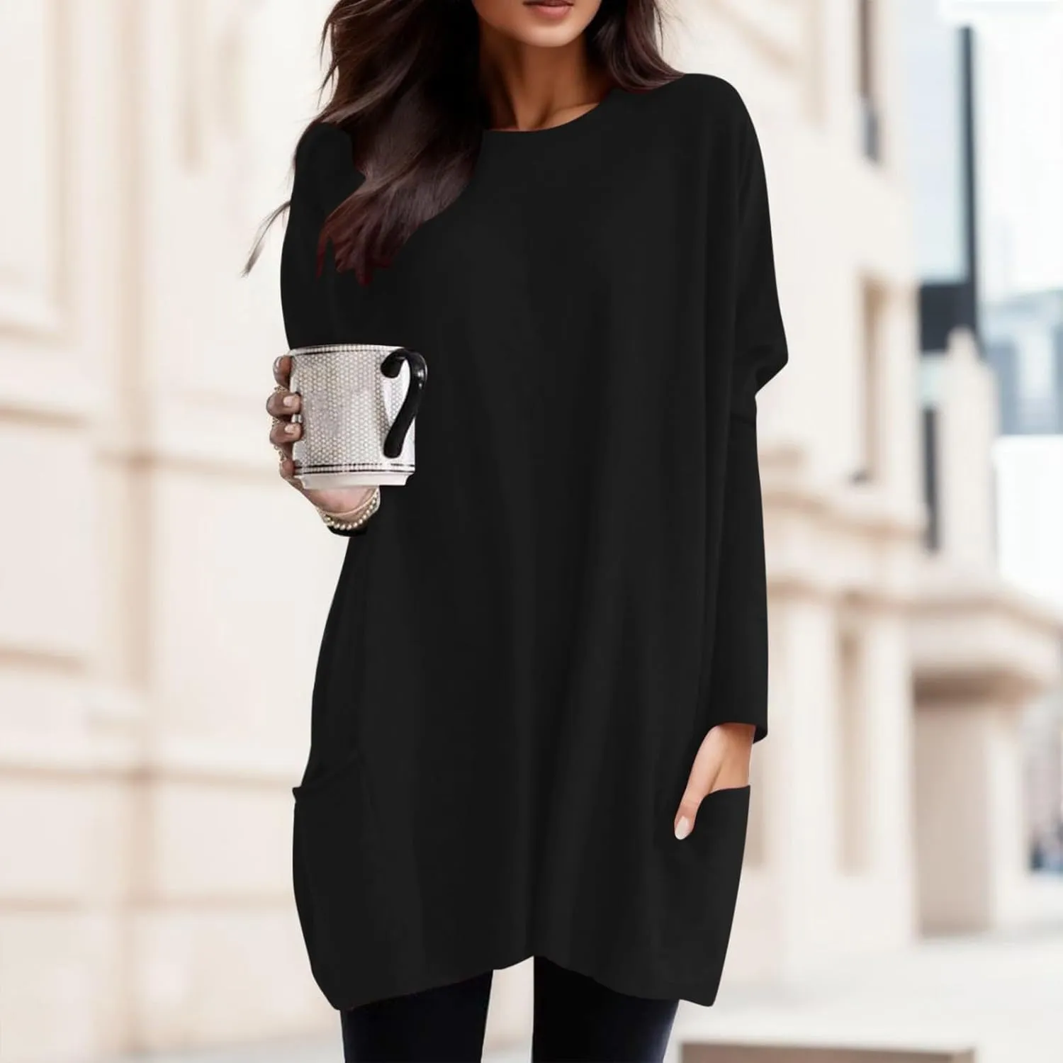 Plus Size T Shirts for Women Long Sleeve Round Neck Loose Fit Long T-Shirts with Two Side Pockets Spring Summer Tops