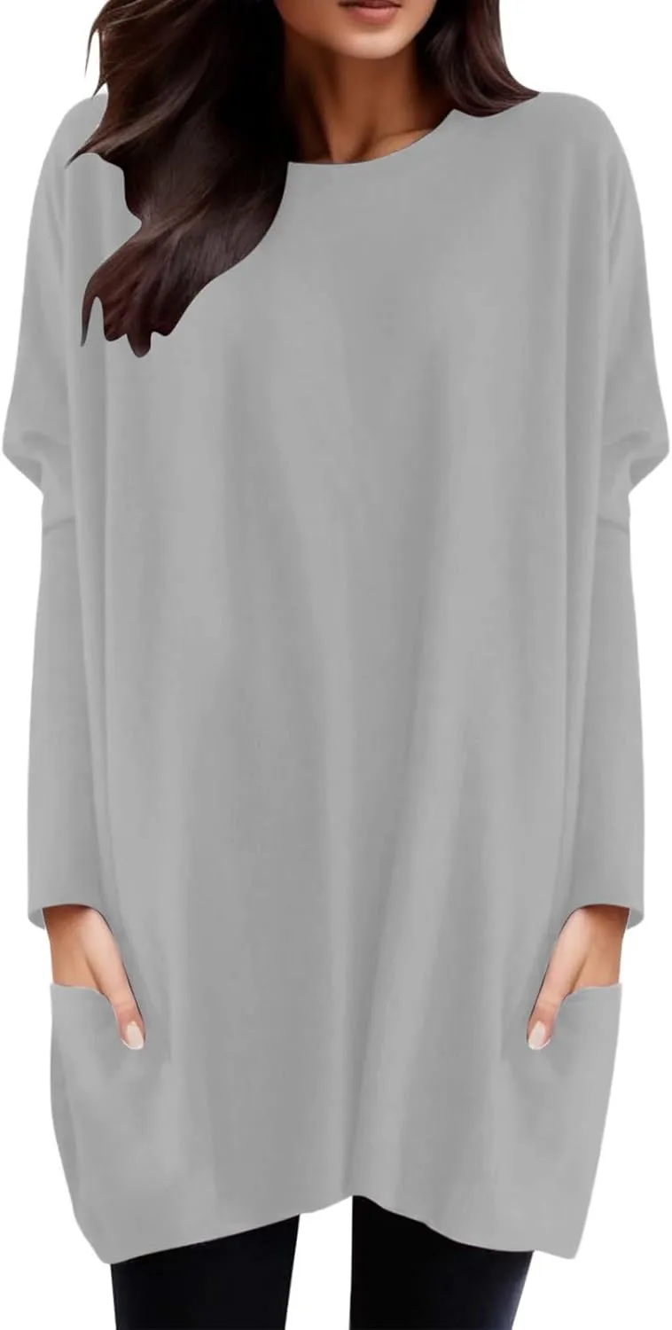 Plus Size T Shirts for Women Long Sleeve Round Neck Loose Fit Long T-Shirts with Two Side Pockets Spring Summer Tops