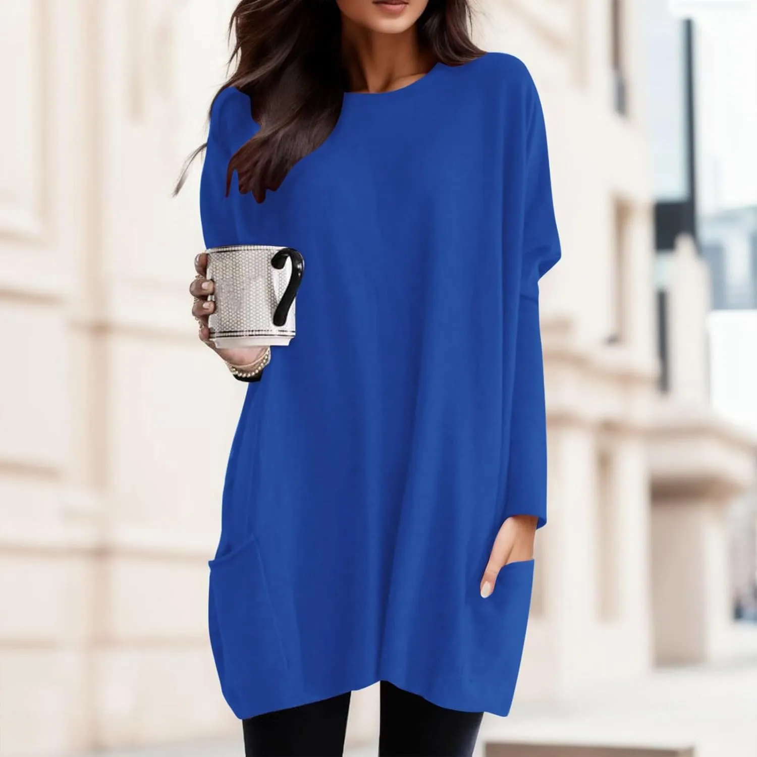 Plus Size T Shirts for Women Long Sleeve Round Neck Loose Fit Long T-Shirts with Two Side Pockets Spring Summer Tops