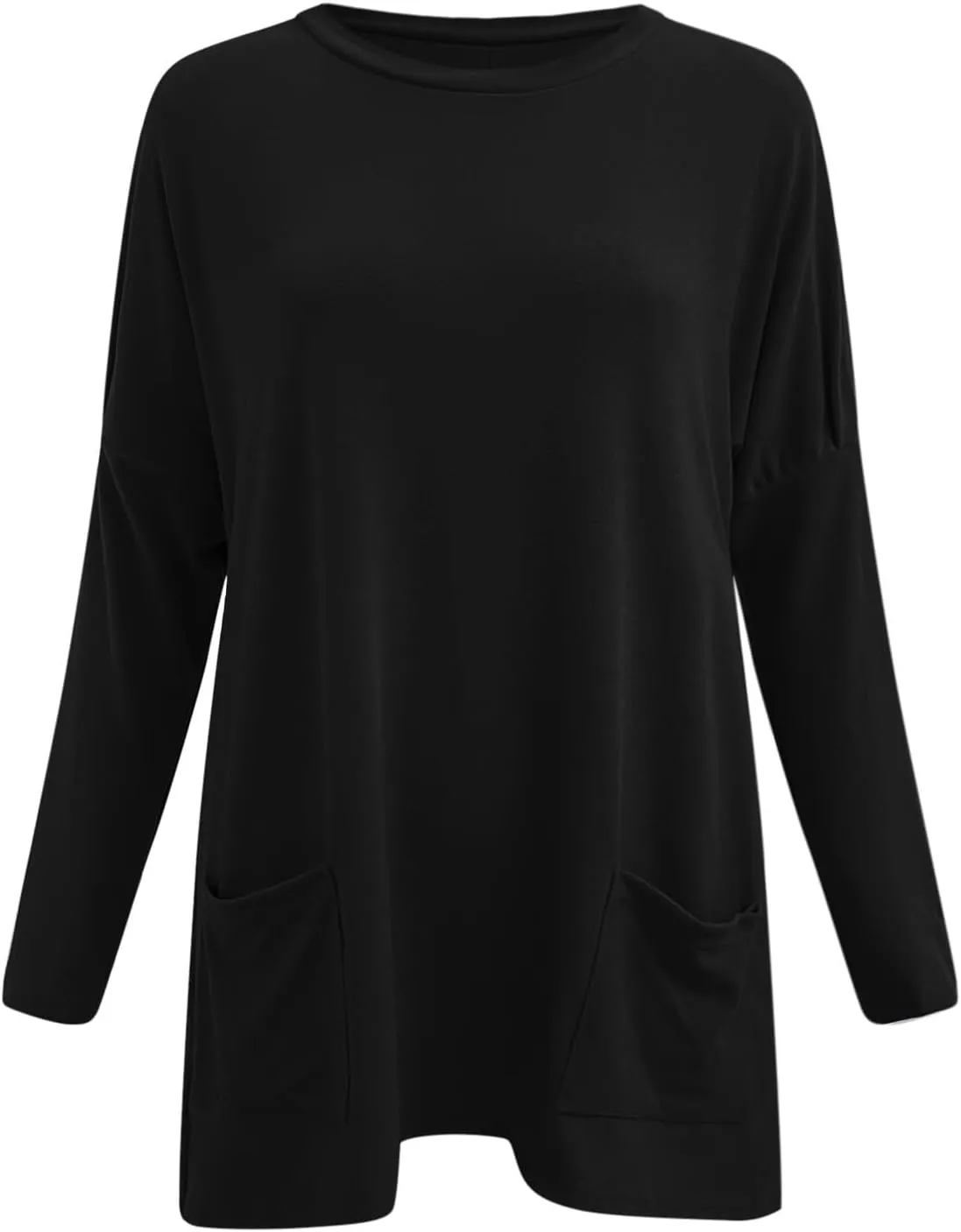 Plus Size T Shirts for Women Long Sleeve Round Neck Loose Fit Long T-Shirts with Two Side Pockets Spring Summer Tops