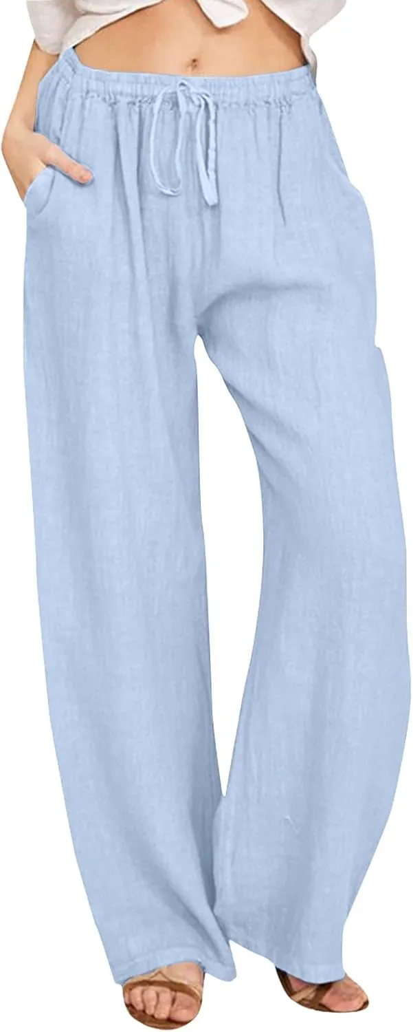 PTOLOCIF Cotton Linen Pants Women,Casual Linen High Waist Pants Wide Leg Palazzo Pants Drawstring Loose Fit Summer Pants