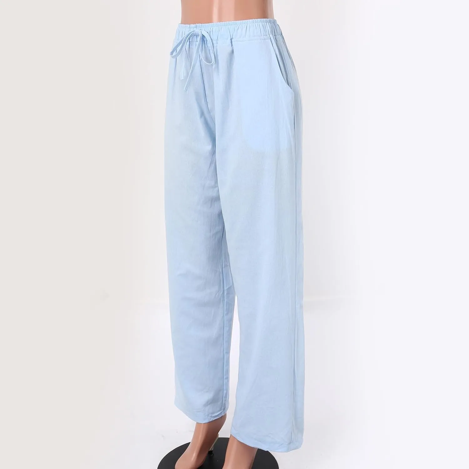 PTOLOCIF Cotton Linen Pants Women,Casual Linen High Waist Pants Wide Leg Palazzo Pants Drawstring Loose Fit Summer Pants