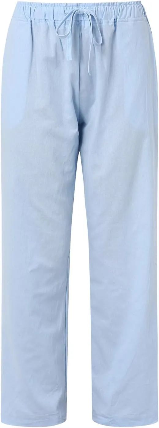 PTOLOCIF Cotton Linen Pants Women,Casual Linen High Waist Pants Wide Leg Palazzo Pants Drawstring Loose Fit Summer Pants