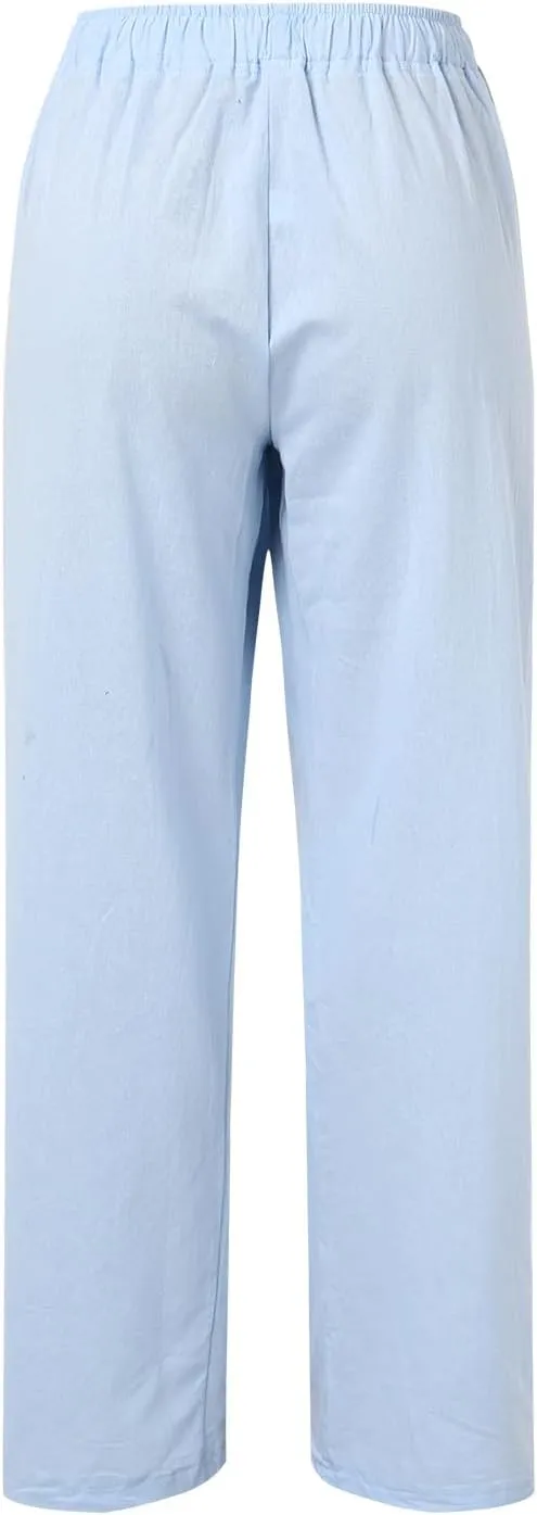 PTOLOCIF Cotton Linen Pants Women,Casual Linen High Waist Pants Wide Leg Palazzo Pants Drawstring Loose Fit Summer Pants