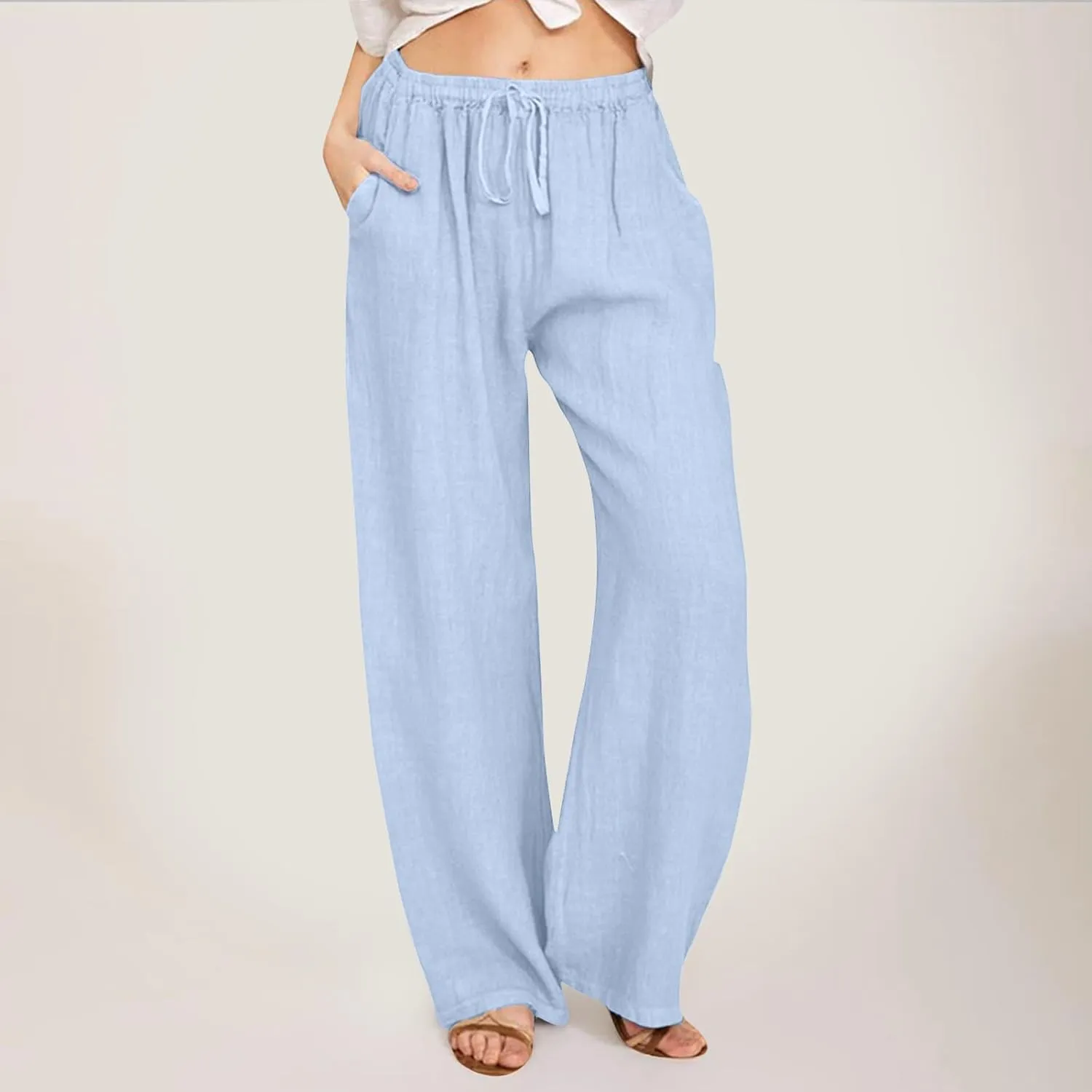 PTOLOCIF Cotton Linen Pants Women,Casual Linen High Waist Pants Wide Leg Palazzo Pants Drawstring Loose Fit Summer Pants