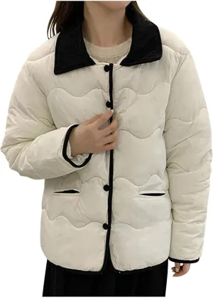 Quilted Jackets For Women 2024 Casual Trendy Lapel Button Down Long Sleeve Down Jacket Fall Winter Comfy Warm Tops