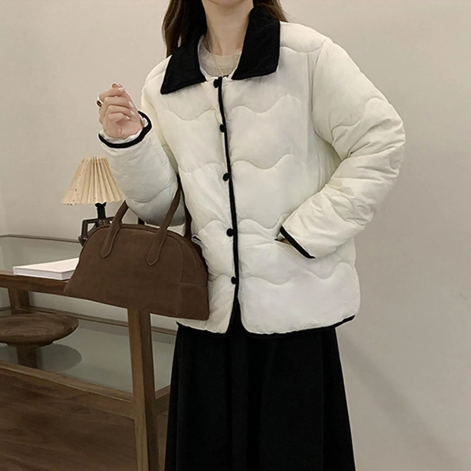 Quilted Jackets For Women 2024 Casual Trendy Lapel Button Down Long Sleeve Down Jacket Fall Winter Comfy Warm Tops