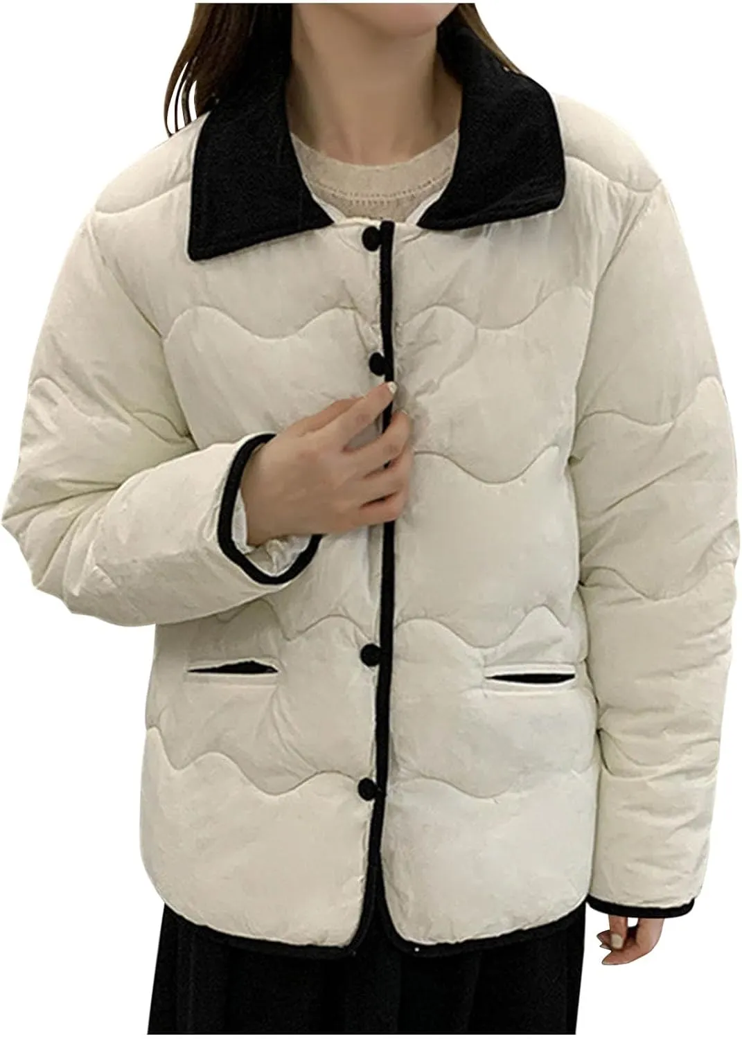 Quilted Jackets For Women 2024 Casual Trendy Lapel Button Down Long Sleeve Down Jacket Fall Winter Comfy Warm Tops