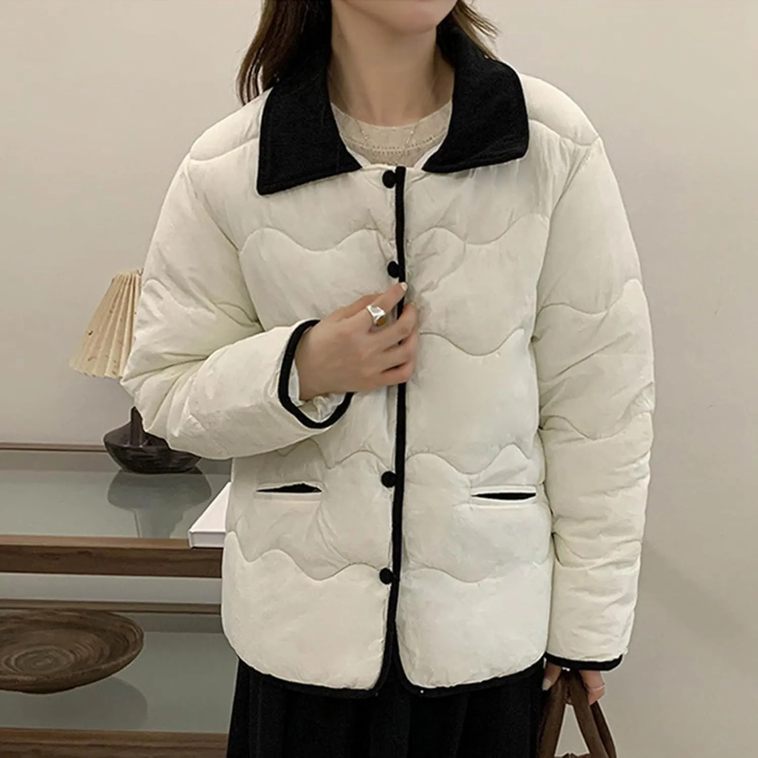 Quilted Jackets For Women 2024 Casual Trendy Lapel Button Down Long Sleeve Down Jacket Fall Winter Comfy Warm Tops