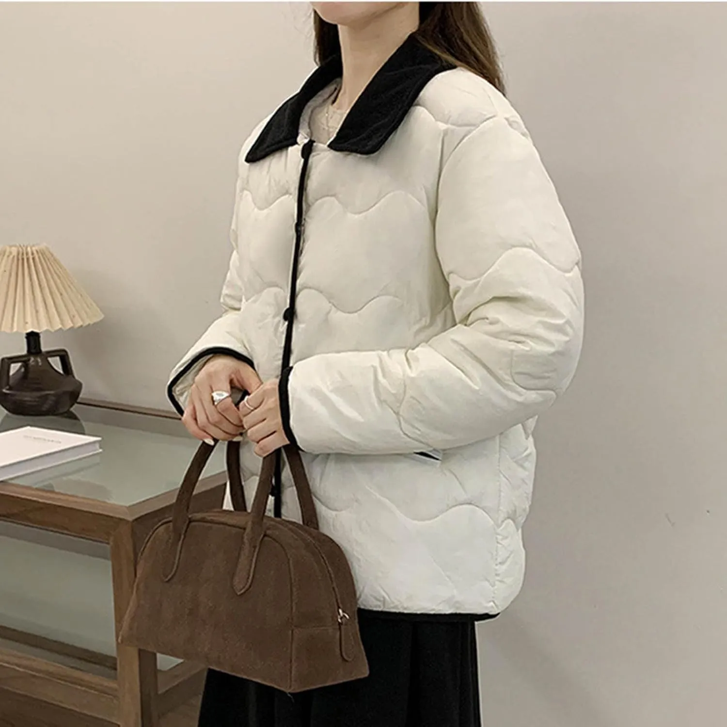 Quilted Jackets For Women 2024 Casual Trendy Lapel Button Down Long Sleeve Down Jacket Fall Winter Comfy Warm Tops