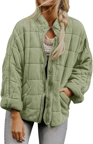 Quilted Jackets for Women Long Sleeve Zip Up Jacket Coat Loose Fit Puffer Jackets Winter Warm Outwear with Pockets