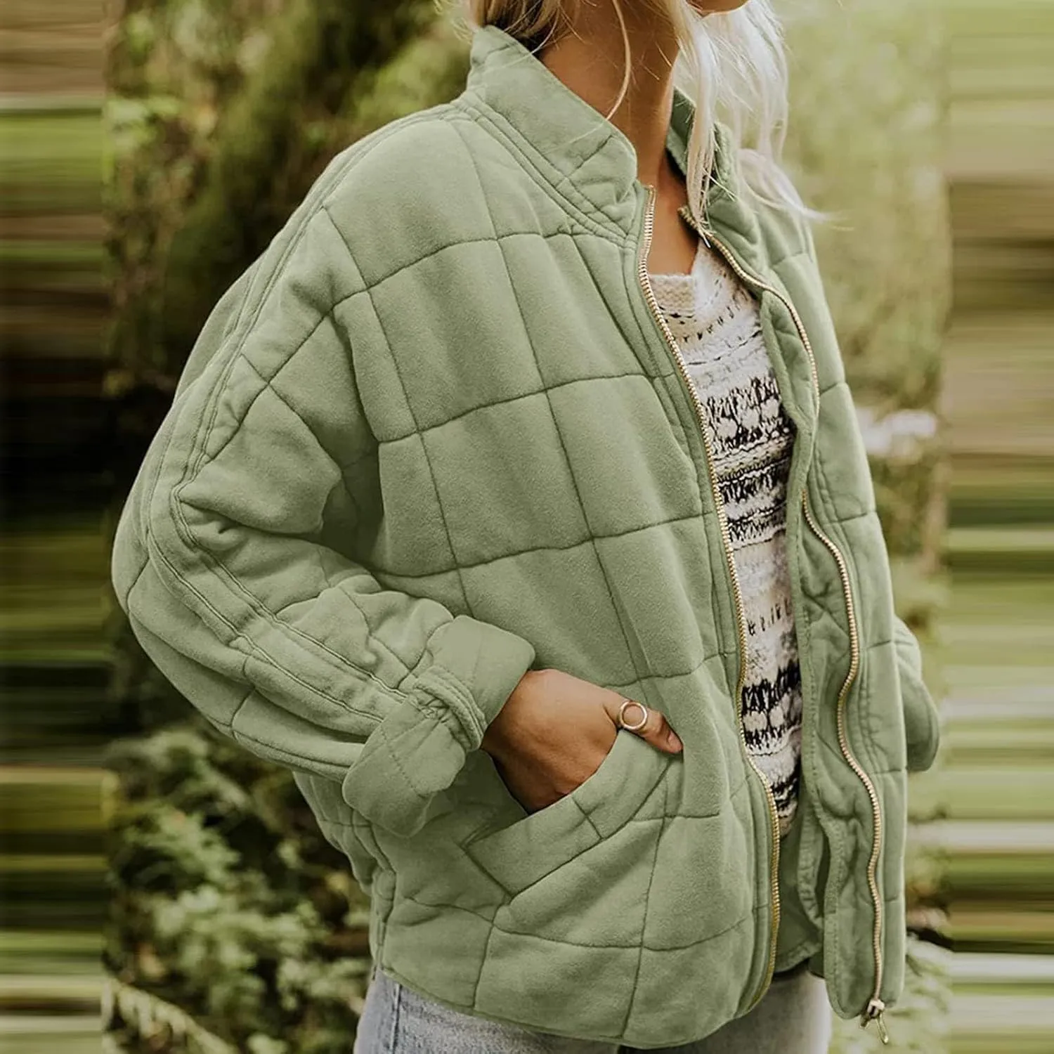 Quilted Jackets for Women Long Sleeve Zip Up Jacket Coat Loose Fit Puffer Jackets Winter Warm Outwear with Pockets