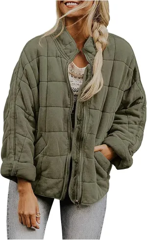 Quilted Jackets for Women Long Sleeve Zip Up Jacket Coat Loose Fit Puffer Jackets Winter Warm Outwear with Pockets