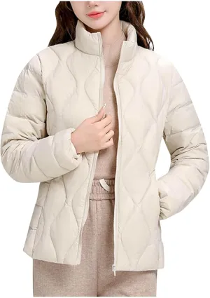 Quilted Lightweight Jackets for Women Plus Size Short Puffer Coats Stand Collar Zipper Down Jacket for Fall Winter