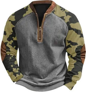 QWENTMTNTY Camo Sweatshirt for Men Crewneck Camouflage Western Light Weight Big and Tall Zip Cool Vintage Pullover Shirts