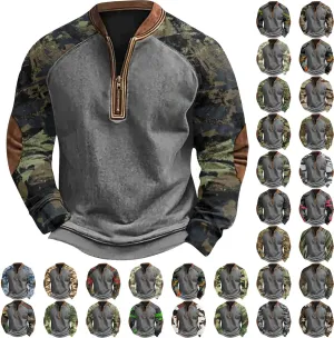 QWENTMTNTY Camo Sweatshirt for Men Crewneck Camouflage Western Light Weight Big and Tall Zip Cool Vintage Pullover Shirts