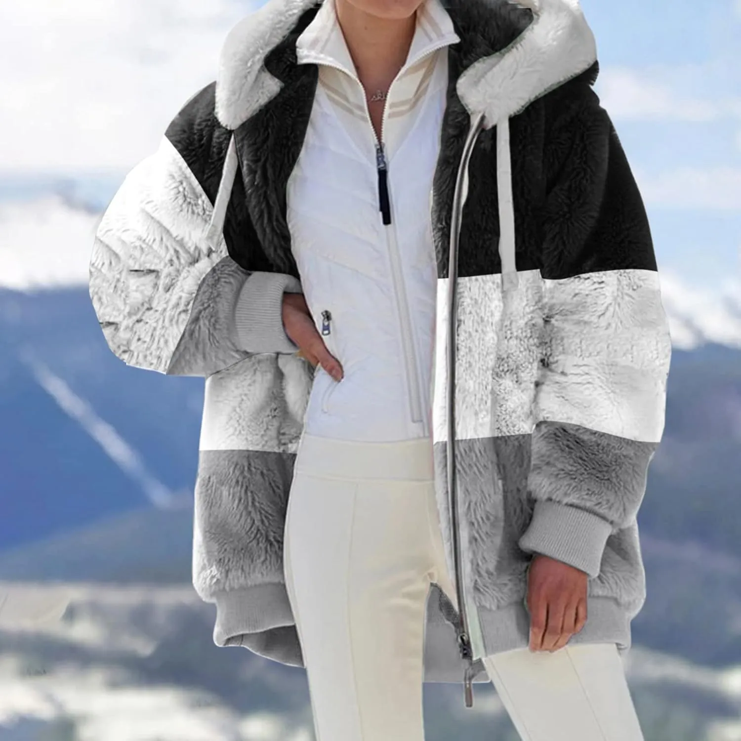 QWENTMTNTY Womens Fuzzy Teddy Coat House Thermal Coats Lightweight Sherpa Lined Sweater Coats Winter Coats with Fur Hood
