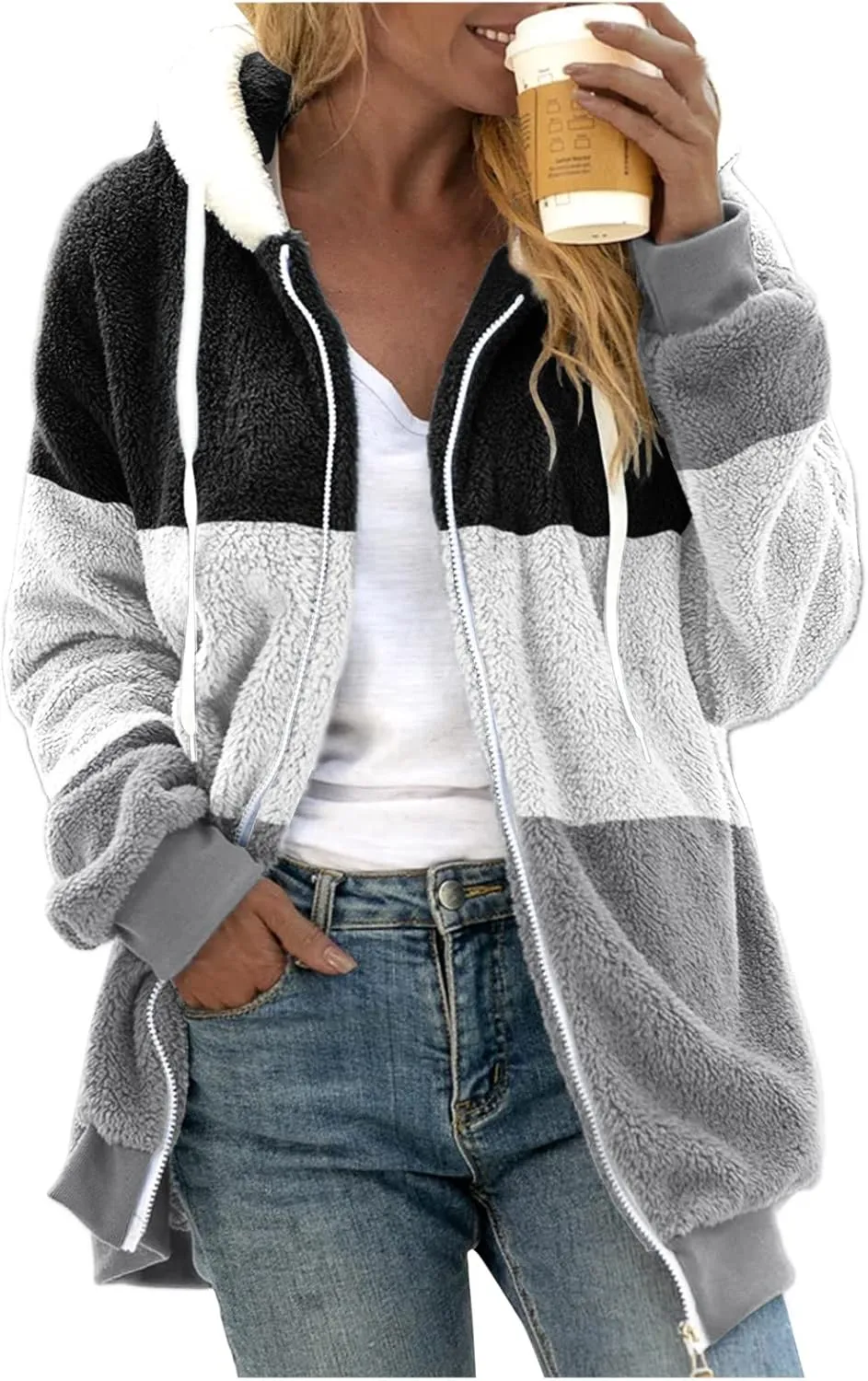 QWENTMTNTY Womens Fuzzy Teddy Coat House Thermal Coats Lightweight Sherpa Lined Sweater Coats Winter Coats with Fur Hood