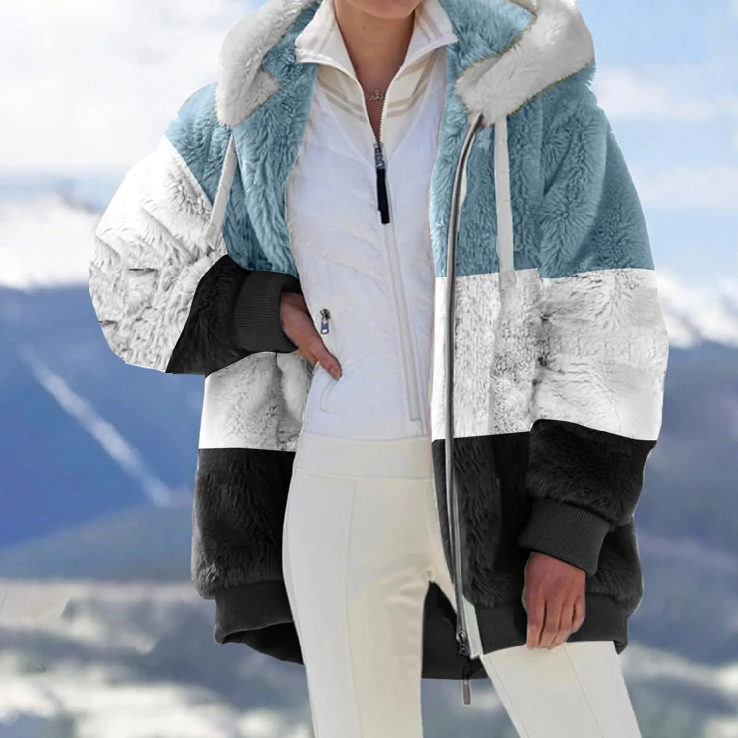 QWENTMTNTY Womens Fuzzy Teddy Coat House Thermal Coats Lightweight Sherpa Lined Sweater Coats Winter Coats with Fur Hood