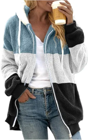 QWENTMTNTY Womens Fuzzy Teddy Coat House Thermal Coats Lightweight Sherpa Lined Sweater Coats Winter Coats with Fur Hood
