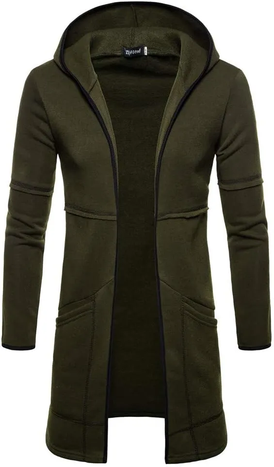 RTRDE Mens Coat Long Hooded Cardigan Shawl Collar Lightweight Open Front Overcoat with Pockets Hoodie Jacket, M-2XL