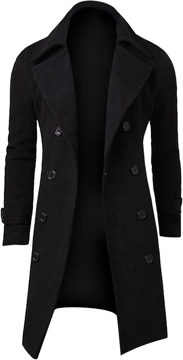RTRDE Mens Trench Coat Notched Lapel Long Length Jacket Double Breasted Fall Winter Overcoat Casual Peacoat, M-3XL
