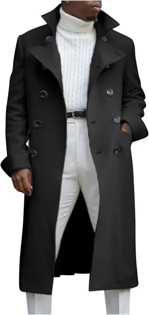 RTRDE Men's Winter Dress Coat Pea Double Breasted Business Casual Trench Coat Long Jacket, M-3XL
