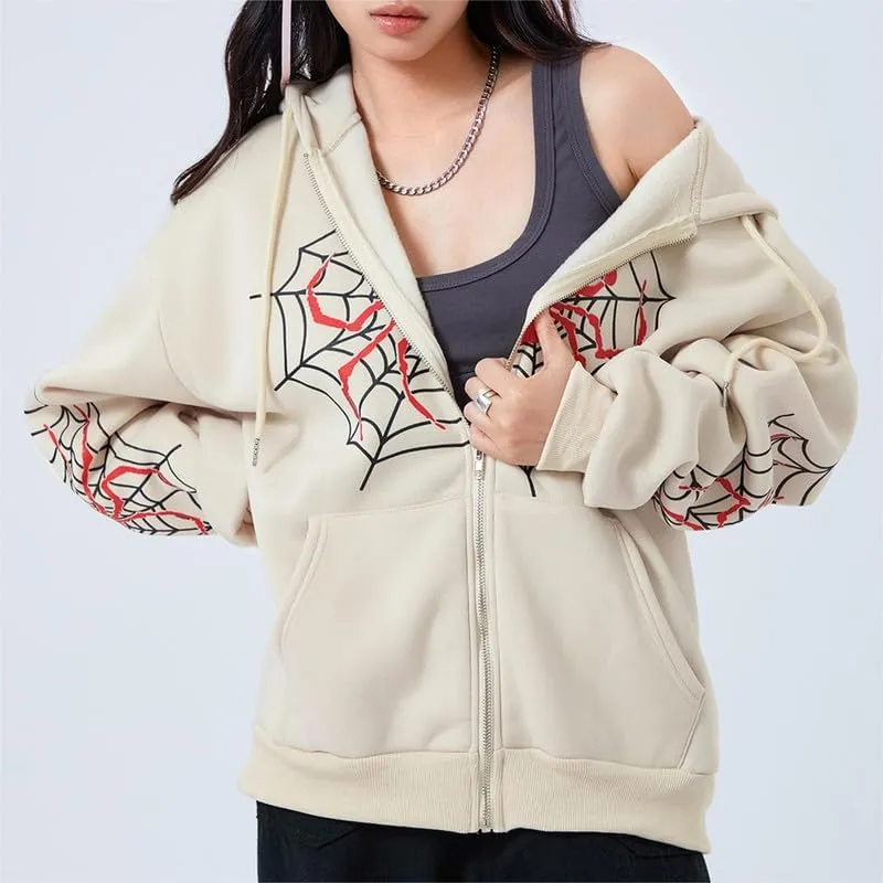 Sastianaen Women Y2k Zip Up Hoodies Gothic Spider Print Sweatshirt Vintage Graphic Oversized Fairy Grunge Jackets