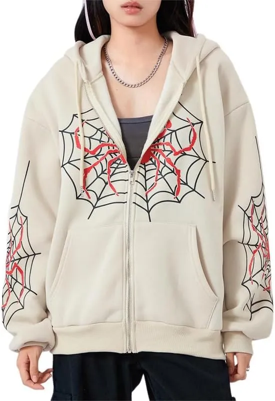 Sastianaen Women Y2k Zip Up Hoodies Gothic Spider Print Sweatshirt Vintage Graphic Oversized Fairy Grunge Jackets