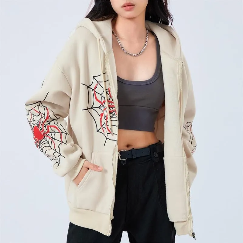 Sastianaen Women Y2k Zip Up Hoodies Gothic Spider Print Sweatshirt Vintage Graphic Oversized Fairy Grunge Jackets
