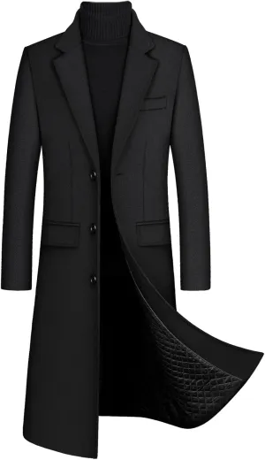 Sexyshine Men's Winter Fall Wool Blend Trench Coat Pea Coat Lapel Collar Single Breasted Lined Warm Jacket Long Overcoat
