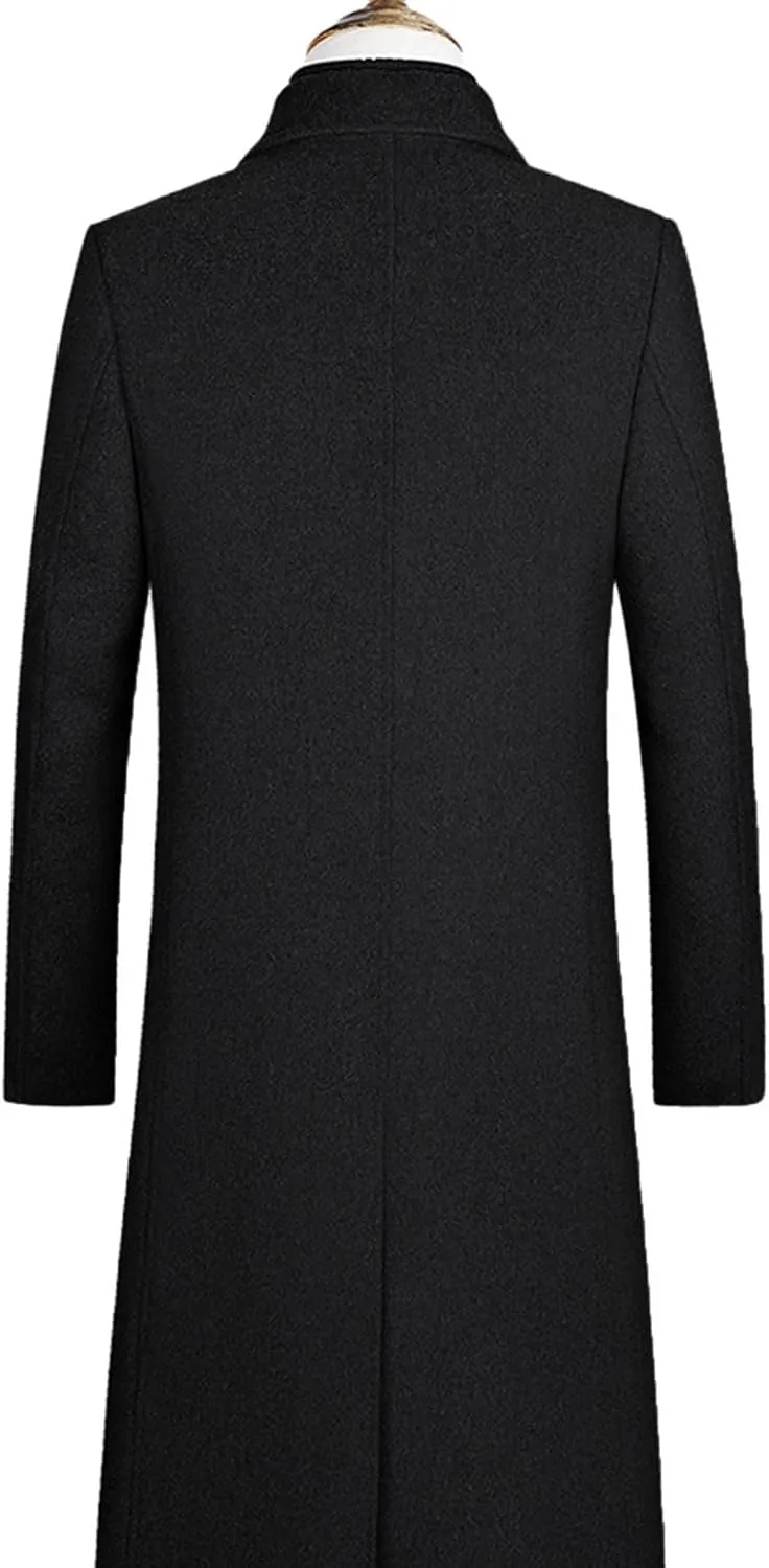 Sexyshine Men's Winter Fall Wool Blend Trench Coat Pea Coat Lapel Collar Single Breasted Lined Warm Jacket Long Overcoat