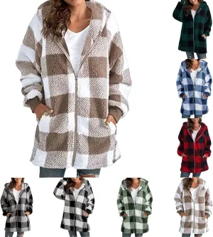 Sherpa Plaid Jackets for Women Fuzzy Fleece Oversized Open Front Hooded Cardigan Full Zip Plush Warm Winter Coats
