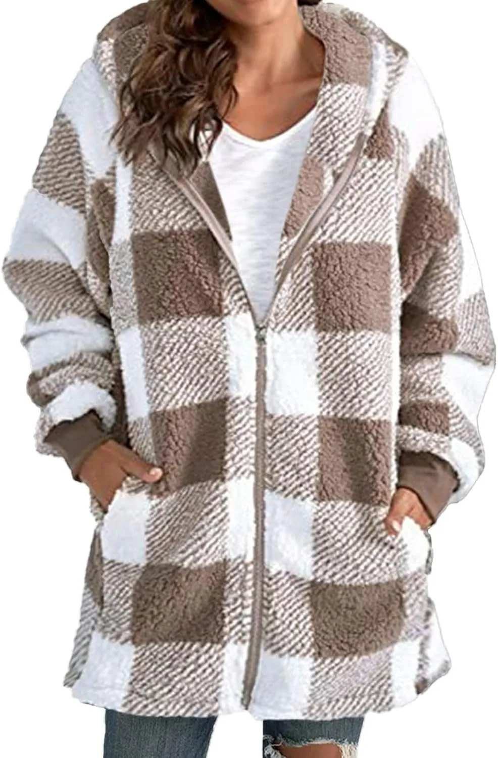 Sherpa Plaid Jackets for Women Fuzzy Fleece Oversized Open Front Hooded Cardigan Full Zip Plush Warm Winter Coats