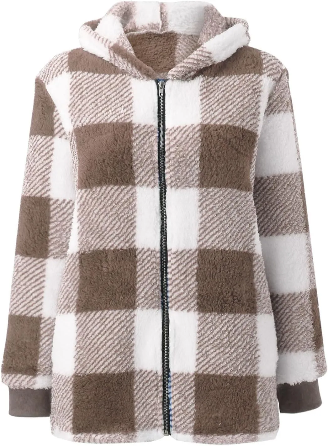 Sherpa Plaid Jackets for Women Fuzzy Fleece Oversized Open Front Hooded Cardigan Full Zip Plush Warm Winter Coats