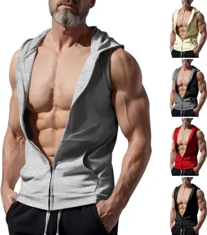 Sleeveless Hoodies for Men Full Zip Sleeveless Tank Topswith Pocket Slim Fit Full Zip Hooded Muscle Fitness Gym Shirt