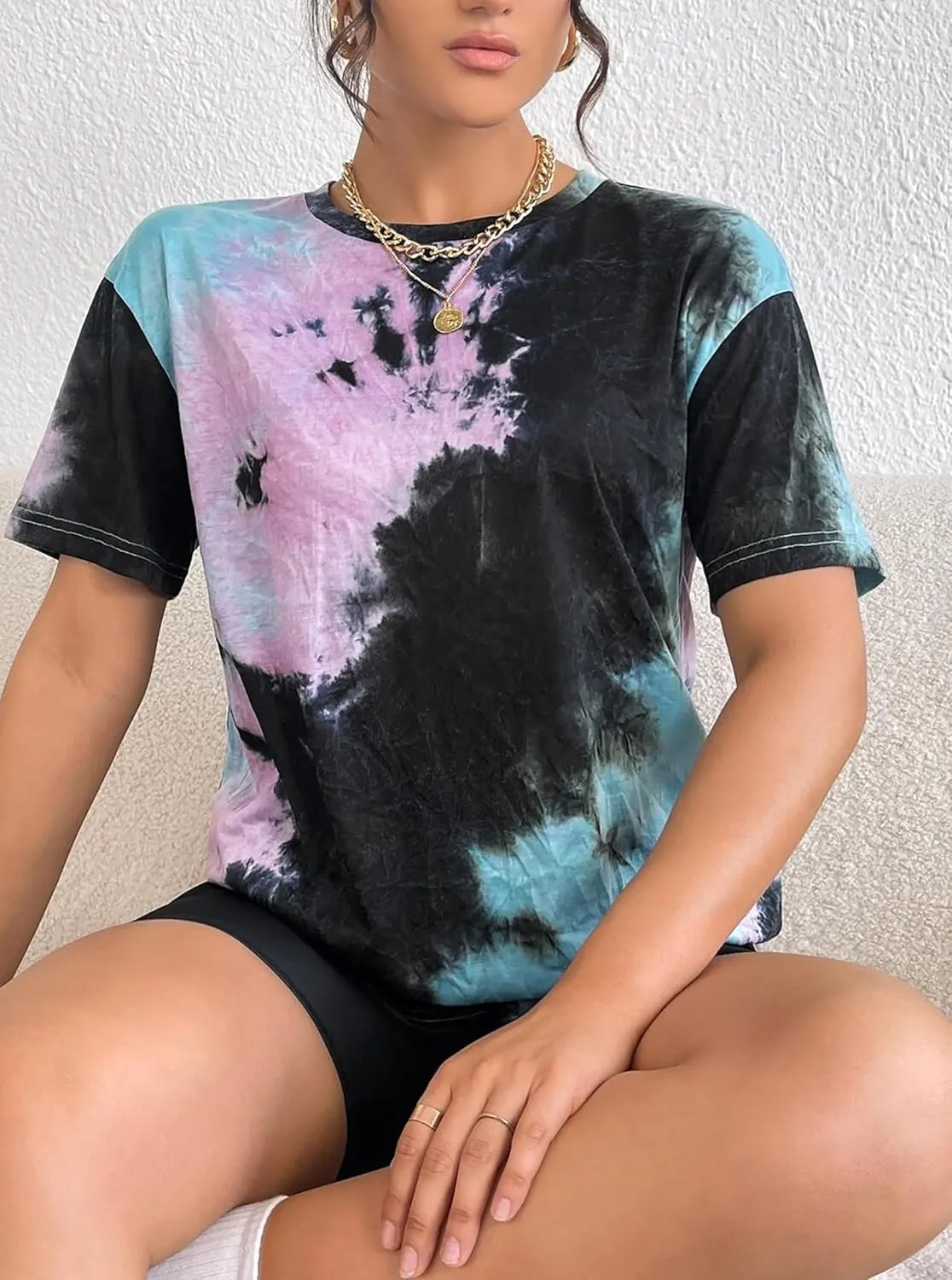 SOFIA'S CHOICE Women's Oversized T Shirts Round Neck Tie Dye Short Sleeve Shirts
